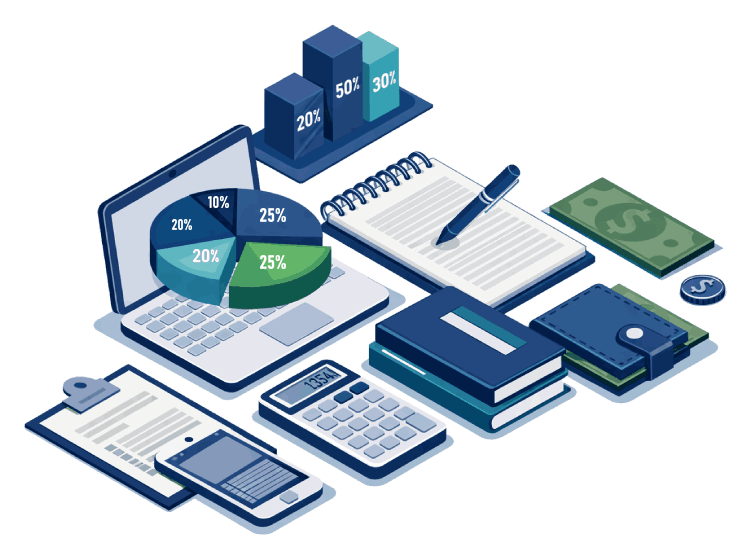 Illustration of a laptop with a pie chart, calculator, notebook and financial documents